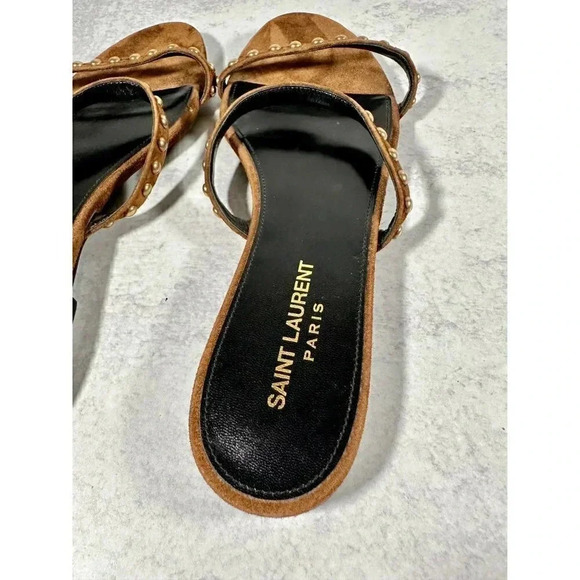YSL Kiki Brown Suede Gold Studded Sandal Size 10 - Picture 4 of 5